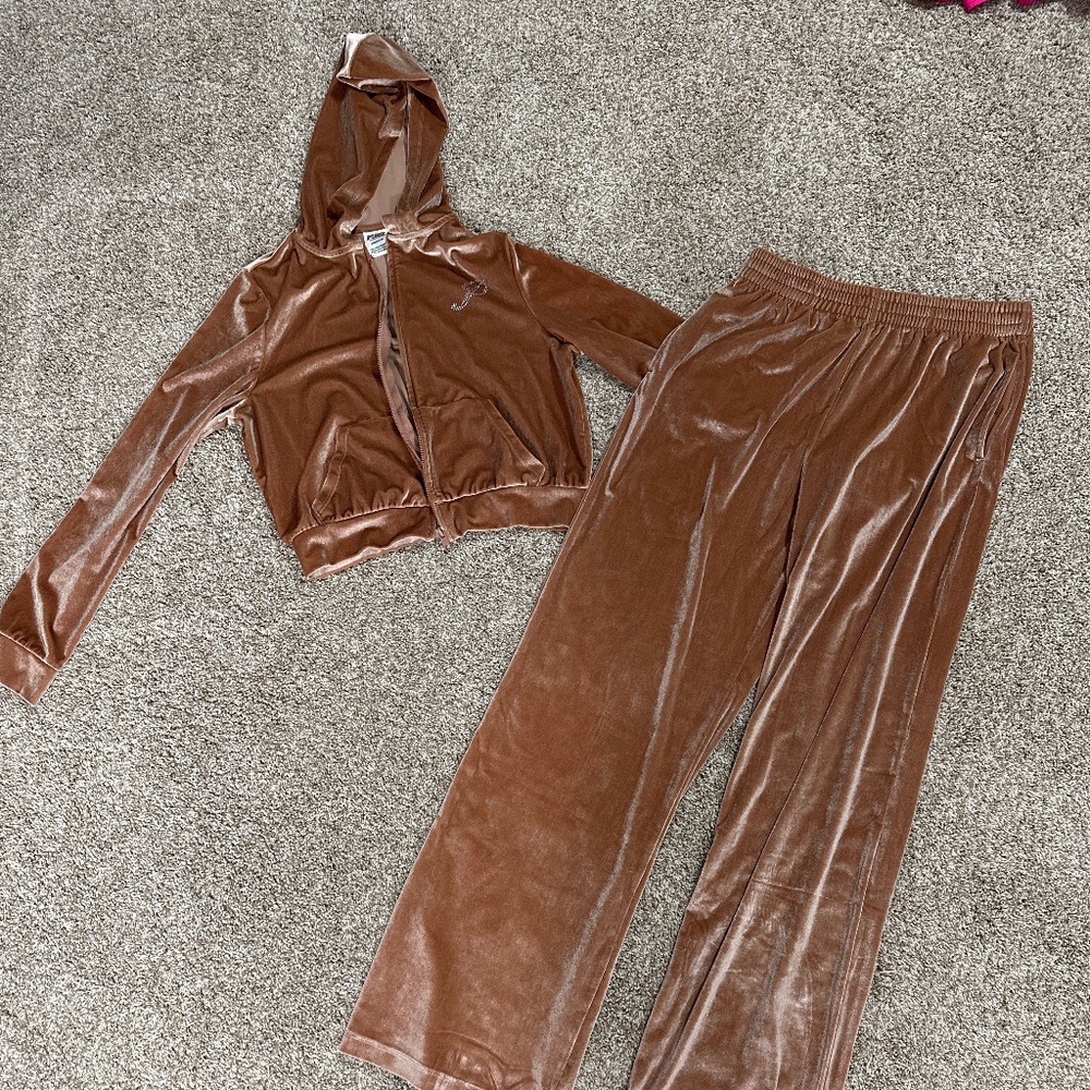 Victoria's Secret Brown Velour Hooded Jacket and Wide-Leg Joggers Set